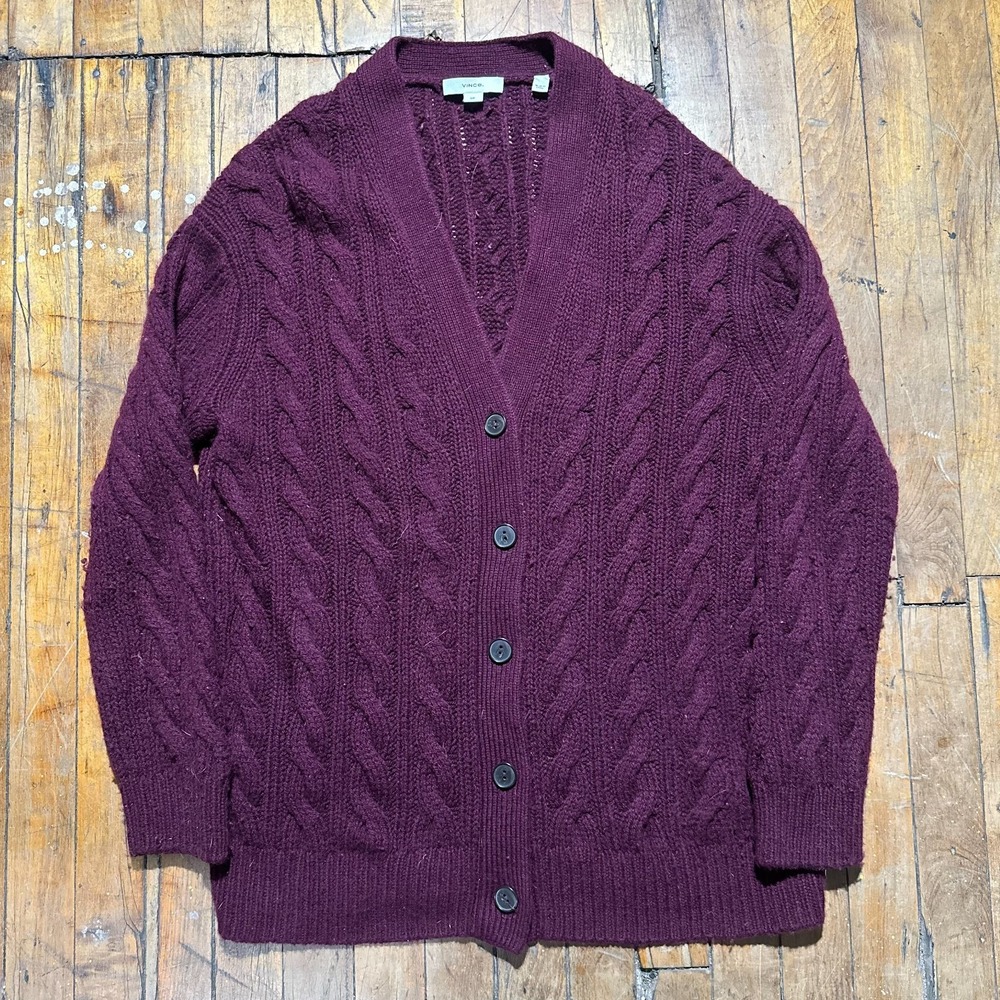 Vince Cardigan Sweater Women's Small Purple Cable Knit Wool V Neck Button Front